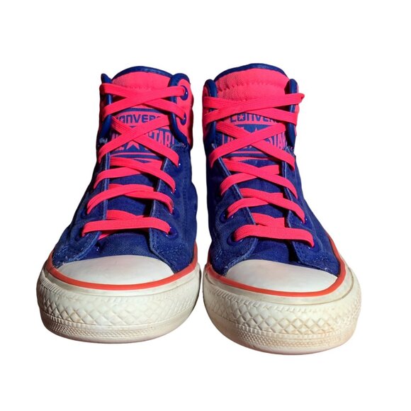 Converse Sneakers Juniors 5 Womens 7 Hot Pink Blue Spell Out High Top Shoes RARE - Picture 2 of 11